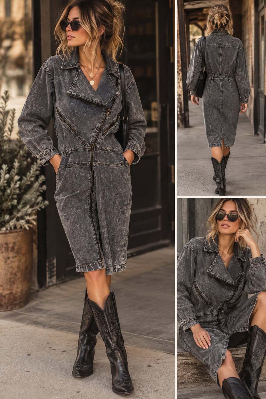 Vintage Joni Blair Acid Wash Denim Moto Dress Size 9 Gray Black Zip 80s 90s